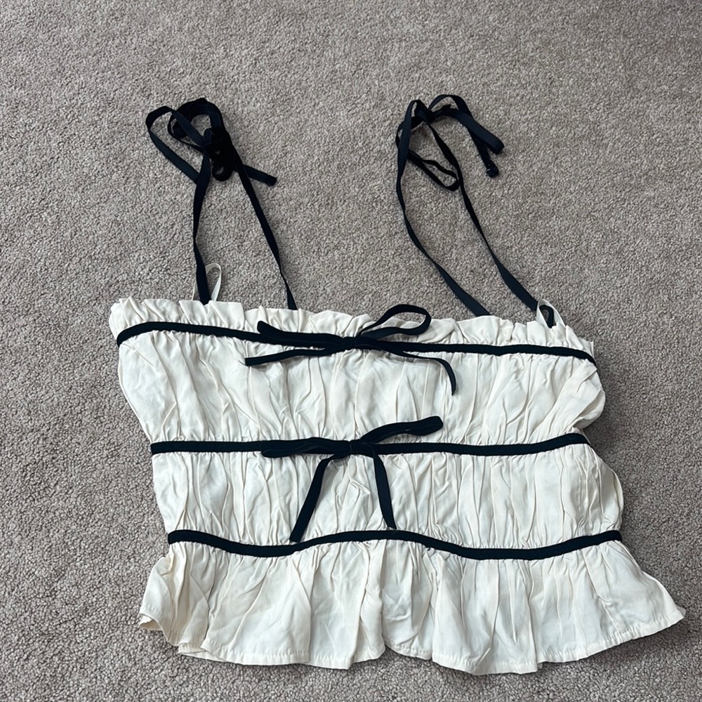White and Black Ruffled Tie Front Camisole
